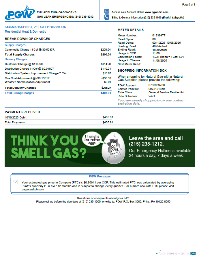 download USA Philadelphia Gas Works utility bill template in Word and PDF formats, 3 pages. 3rd page PDF template